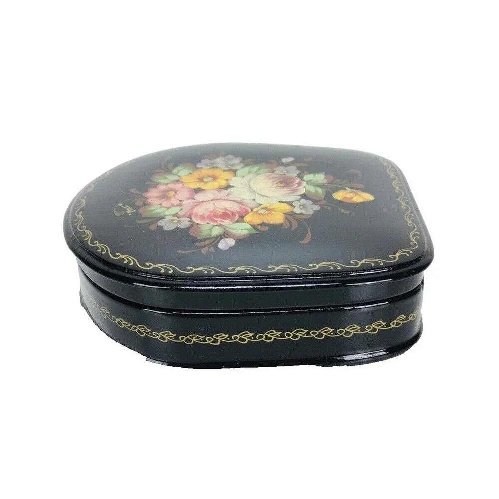 Vintage Russian Hand Painted Lacquered Floral Hinged Trinket Box Signed